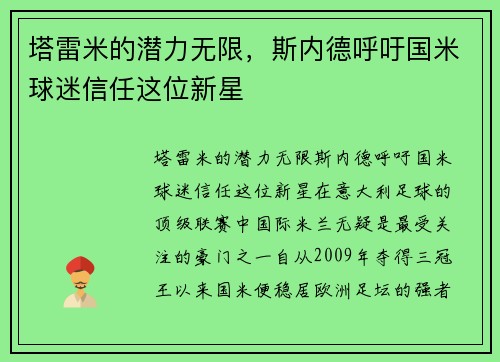 塔雷米的潜力无限，斯内德呼吁国米球迷信任这位新星