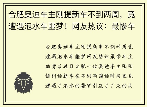 合肥奥迪车主刚提新车不到两周，竟遭遇泡水车噩梦！网友热议：最惨车主